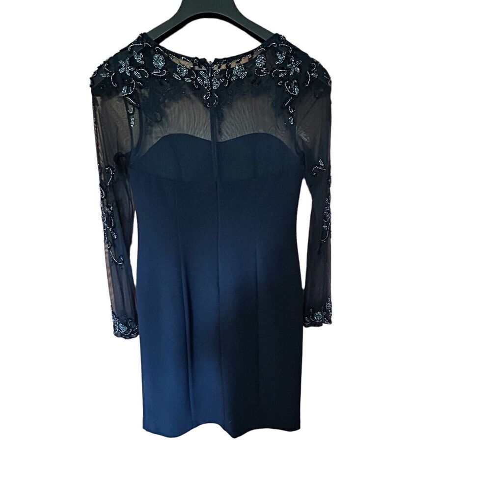 MARINA Women’s Navy Beaded Long Sleeve Sheath Lined Cocktail Wedding Dress 6